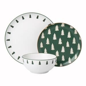 Holiday Christmas Tree Print 12 Pieces Ceramic Dinnerware Dishes Set Green